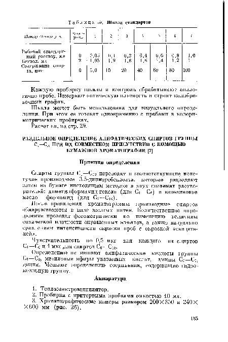 Спирты группы С[—Сю переводят в соответствующие нелетучие производные 3,5-динитробензоата, которые разделяют затем на бумаге нисходящим методом в двух системах растворителей: диметилформамид-гексан (для С1—Сб) и вазелиновое масло — формамид (для Су—Сю).