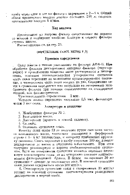 Методом можно определить визуально 0,5 мкг, фотометрически 3 мкг сажи.