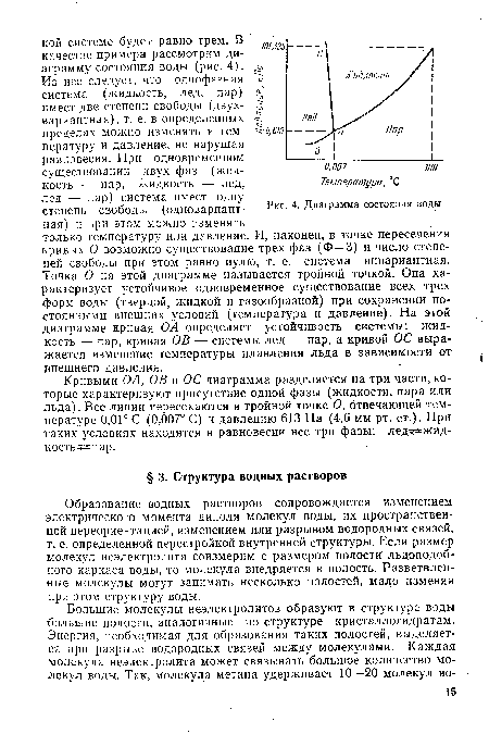 Из нее следует, что однофазная система (жидкость, лед, пар) имеет две степени свободы (двухвариантная), т. е. в определенных пределах можно изменять и температуру и давление, не нарушая равновесия. При одновременном существовании двух фаз (жидкость — пар, жидкость — лед, лед — пар) система имеет одну степень свободы (одновариантная) и при этом можно изменять только температуру или давление кривых О возможно существование трех фаз (Ф = 3) и число степеней свободы при этом равно нулю, т. е. система инвариантная. Точка О на этой диаграмме называется тройной точкой. Она характеризует устойчивое одновременное существование всех трех форм воды (твердой, жидкой и газообразной) при сохранении постоянными внешних условий (температура и давление). На этой диаграмме кривая О А определяет устойчивость системы: жидкость — пар, кривая ОВ — системы лед — пар, а кривой ОС выражается изменение температуры плавления льда в зависимости от внешнего давления.