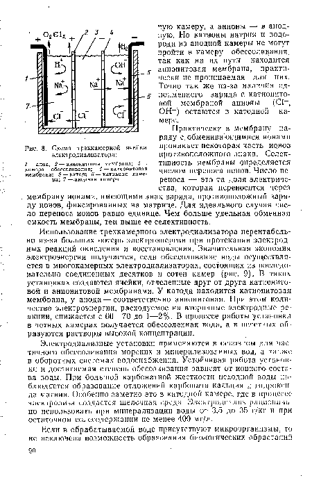 Использование трехкамерного электродиализатора нерентабельно из-за больших потерь электроэнергии при протекании электродных реакций окисления и восстановления. Значительная экономия электроэнергии получается, если обессоливание воды осуществляется в многокамерных электродиализаторах, состоящих из последовательно соединенных десятков и сотен камер (рис. 9). В таких установках создаются ячейки, отделенные друг от друга катионито-вой и анионитовой мембранами. У катода находится катионитовая мембрана, у анода — соответственно анионитовая. При этом количество электроэнергии, расходуемое на вторичные электродные реакции, снижается с 60—70 до 1—2%. В процессе работы установки в четных камерах получается обессоленная вода, а в нечетных образуются растворы высокой концентрации.