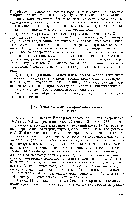 В докладе экспертов Всемирной организации здравоохранения (ВОЗ) на VII конгрессе по водоснабжению (Женева, 1967) дается следующая классификация видов загрязнений воды: 1) бактериальное загрязнение (бактерии, вирусы, болезнетворные микроорганизмы) ; 2) биохимически окисляющиеся органические соединения, которые вызывают запахи и привкусы воды; 3) неорганические соли, которые не удаляются обычными методами и могут вызвать полную непригодность воды для хозяйственно-бытовых и производственных нужд; 4) неорганические соединения, являющиеся питательными веществами для растений (нитраты, фосфаты, калийные соли). Они вызывают усиление роста водной растительности, способствуют «цветению» водоемов, ухудшают качество питьевой воды; 5) нефтепродукты, которые затрудняют реаэрацию водоема, оказывают неблагоприятное воздействие на водные организмы, ухудшают органолептические свойства воды; 6) токсичные соединения (соли тяжелых металлов, окислители, вещества общеядовитого действия, различные органические соединения).