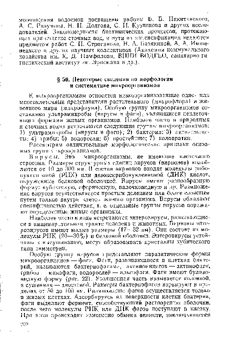 Вирусы. Это — микроорганизмы, не имеющие клеточного строения. Размеры структурных единиц вирусов (вирионов) колеблются от 10 до 300 нм. В состав вирионов входят молекулы рибонуклеиновой (РНК) или дезоксирибонуклеиновой (ДНК) кислот, окруженные белковой оболочкой. Вирусы имеют разнообразную форму: кубическую, сферическую, палочковидную и др. Размножение вирусов осуществляется простым делением или более сложным путем только внутри клеток живого организма. Вирусы обладают специфичностью действия, т. е. отдельные группы вирусов поражают определенные живые организмы.