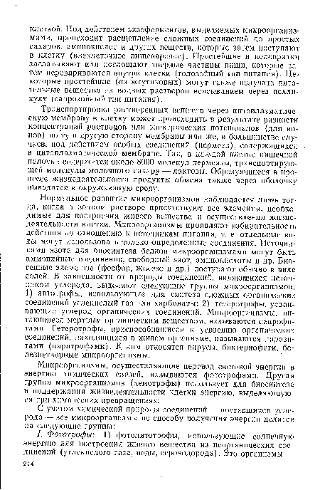 Транспортировка растворенных веществ через цитоплазматическую мембрану в клетку может происходить в результате разности концентраций растворов или электрических потенциалов (для ионов) по ту и другую сторону мембраны или же, в большинстве случаев, под действием особых соединений (пермеаз), содержащихся в цитоплазматической мембране. Так, в каждой клетке кишечной палочки содержится около 8000 молекул пермеазы, транспортирующей молекулы молочного сахара — лактозы. Образующиеся в процессе жизнедеятельности продукты обмена также через оболочку выводятся в окружающую среду.