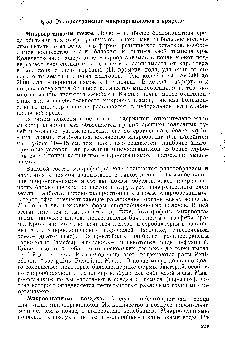 Микроорганизмы почвы. Почва — наиболее благоприятная среда обитания для микроорганизмов. В ней имеется большое количество питательных веществ в форме органических остатков, необходимое количество влаги, близкая к оптимальной температура. Количественное содержание микроорганизмов в почве может подвергаться значительным колебаниям в зависимости от характера и типа почв, степени аэрации, pH, времени года, удаления от поверхности земли и других факторов. Оно колеблется от 300 до 3000 млн. микроорганизмов в 1 г почвы. В хорошо аэрируемых почвах содержится большое количество микроорганизмов, так как многие из них являются аэробами. Кислые почвы менее благоприятны для жизнедеятельности микроорганизмов, так как большинство из микроорганизмов развивается в нейтральной или слабощелочной среде.