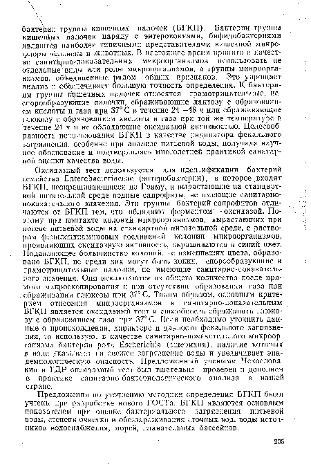 Предложения по уточнению методики определения БГКП были учтены при разработке нового ГОСТа. БГКП являются основным показателем при оценке бактериального загрязнения питьевой воды, степени очистки и обеззараживания сточных вод, воды источников водоснабжения, морей, плавательных бассейнов.