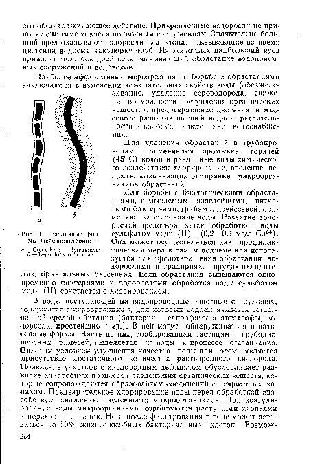 Для борьбы с биологическими обрастаниями, вызываемыми зооглейными, нитчатыми бактериями, грибами, дрейссеной, применяют хлорирование воды. Развитие водорослей предотвращается обработкой воды Рис. 31. Различные фор- сульфатом меди (II) (0,2—0,4 мг/л Си2+).