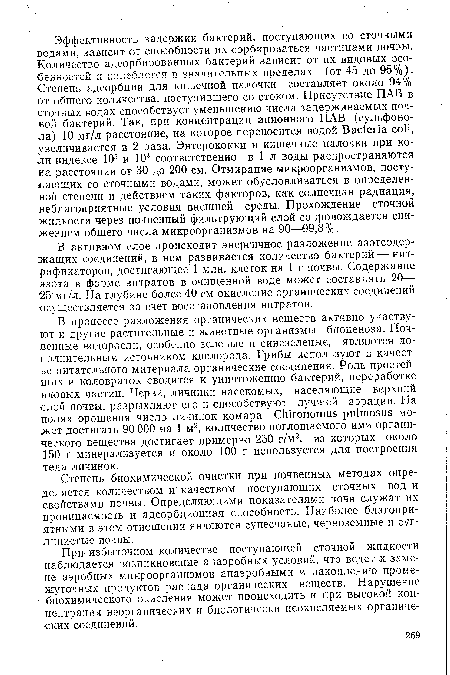 Степень биохимической очистки при почвенных методах определяется количеством и качеством поступающих сточных вод и свойствами почвы. Определяющими показателями почв служат их проницаемость и адсорбционная способность. Наиболее благоприятными в этом отношении являются супесчаные, черноземные и суглинистые почвы.