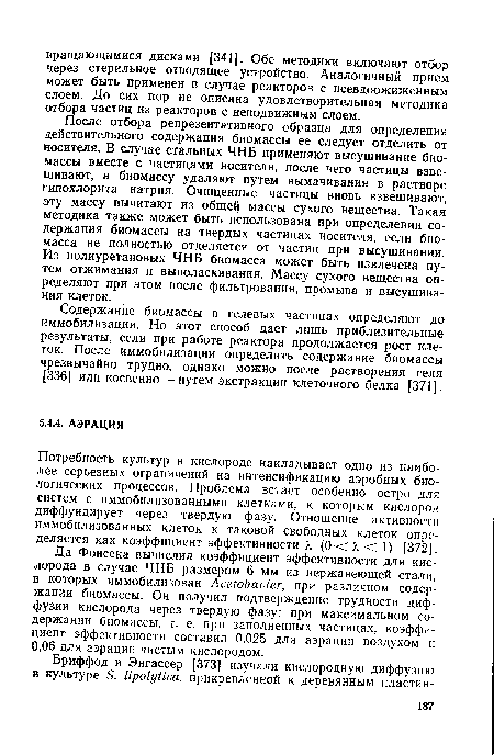 Потребность культур в кислороде накладывает одно из наиболее серьезных ограничений на интенсификацию аэробных биологических процессов. Проблема встает особенно остро для систем с иммобилизованными клетками, к которым кислород диффундирует через твердую фазу. Отношение активности иммобилизованных клеток к таковой свободных клеток определяется как коэффициент эффективности К (0 < X-< 1) [372].