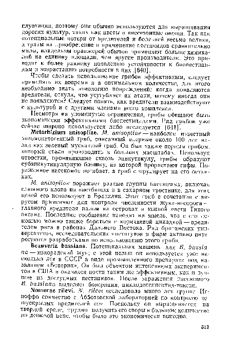 Чтобы сделать использование грибов эффективным, следует применять их вовремя и в оптимальном количестве, для этого необходимо знать этиологию повреждений: когда появляются вредители, откуда, что усугубляет их атаки, почему иногда они не появляются? Следует понять, как вредители взаимодействуют с культурой и с другими членами всего комплекса.
