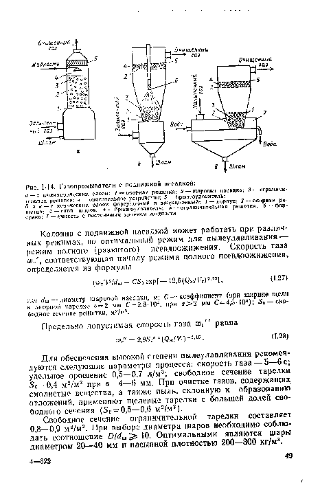 Свободное сечение ограничительной тарелки составляет 0,8—0,9 м2/м2. При выборе диаметра шаров необходимо соблюдать соотношение 0/с1ш 10. Оптимальными являются шары диаметром 20—40 мм и насыпной плотностью 200—300 кг/м3.