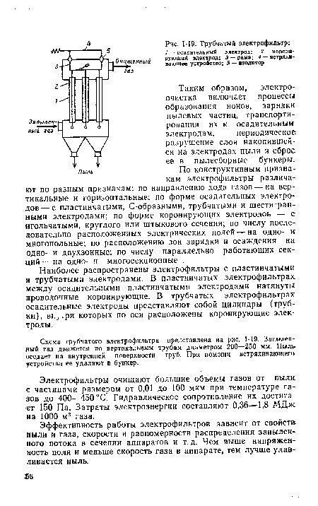 По конструктивным признакам электрофильтры различают по разным признакам: по направлению хода газов — на вертикальные и горизонтальные; по форме осадительных электродов— с пластинчатыми, С-образными, трубчатыми и шестигранными электродами; по форме коронирующих электродов — с игольчатыми, круглого или штыкового сечения; по числу последовательно расположенных электрических полей — на одно- и многопольные; по расположению зон зарядки и осаждения на одно- и двухзонные; по числу параллельно работающих секций— на одно- и многосекционные .