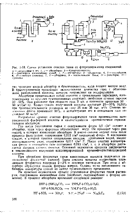 Абсорберы представляют собой колонны с провальными тарелками, изготовленными из круглых гуммированных стержней; свободное сечение тарелок 30—50%. Они работают при скорости газа 2 м/с и плотности орошения 30— 50 м3/(м2-ч). Концентрация получаемой кислоты достигает 25—30% Н Ре при производительности установок по газу 25 или 36 тыс. м3/ч. Степень извлечения фтора превышает 99%, а концентрация его в отходящем газе составляет 30 мг/м3.