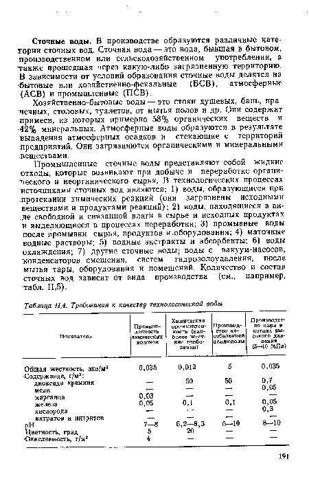 Промышленные сточные воды представляют собой жидкие отходы, которые возникают при добыче и переработке органического и неорганического сырья. В технологических процессах источниками сточных вод являются: 1) воды, образующиеся при протекании химических реакций (они загрязнены исходными веществами и продуктами реакций); 2) воды, находящиеся в виде свободной и связанной влаги в сырье и исходных продуктах и выделяющиеся в процессах переработки; 3) промывные воды после промывки сырья, продуктов и оборудования; 4) маточные водные растворы; 5) водные экстракты и абсорбенты; 6) воды охлаждения; 7) другие сточные воды; воды с вакуум-насосов, конденсаторов смешения, систем гидрозолоудаления, после мытья тары, оборудования и помещений. Количество и состав сточных вод зависит от вида производства (см., например, табл. 11,5).