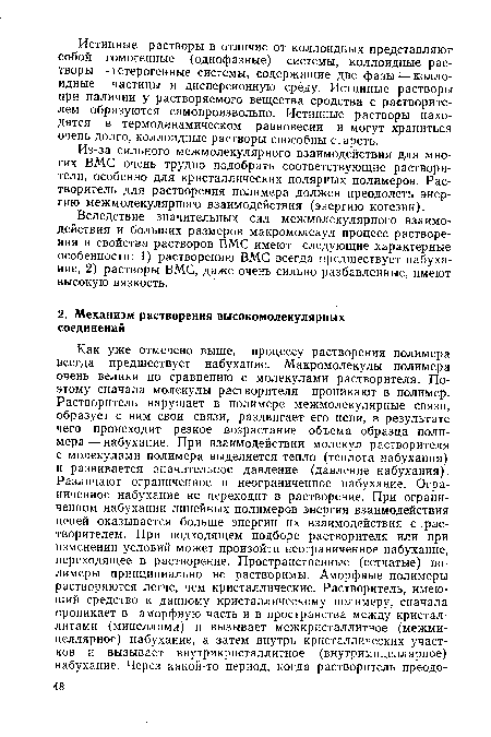 Из-за сильного межмолекулярного взаимодействия для многих ВМС очень трудно подобрать соответствующие растворители, особенно для кристаллических полярных полимеров. Растворитель для растворения полимера должен преодолеть энергию межмолекулярного взаимодействия (энергию когезии).