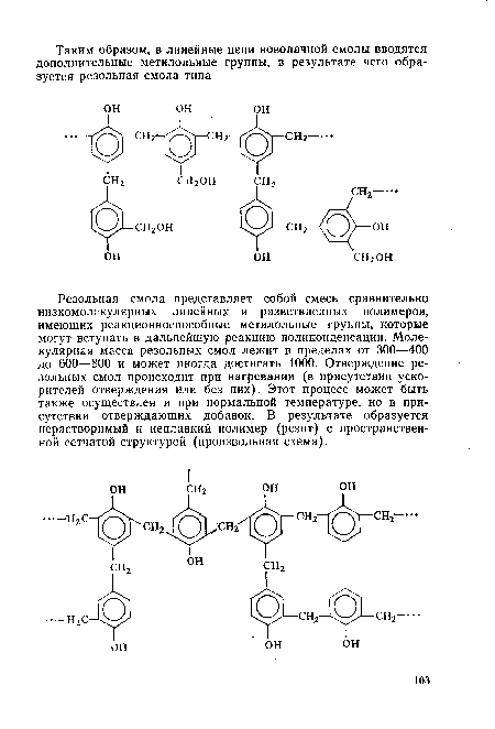 Резольная смола представляет собой смесь сравнительно низкомолекулярных линейных и разветвленных полимеров, имеющих реакционноспособные метилольные группы, которые могут вступать в дальнейшую реакцию поликонденсации. Молекулярная масса резольных смол лежит в пределах от 300—400 до 600—800 и может иногда достигать 1000. Отверждение резольных смол происходит при нагревании (в присутствии ускорителей отверждения или без них). Этот процесс может быть также осуществлен и при нормальной температуре, но в присутствии отверждающих добавок. В результате образуется нерастворимый и неплавкий полимер (резит) с пространственной сетчатой структурой (произвольная схема).