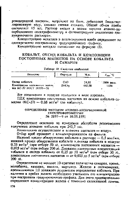 Определению не мешают 10-кратные количества самария, хрома, молибдена, ванадия, никеля, марганца. Железо в соотношении, превышающем 1:1 занижает результаты определения кобальта, При наличии в пробах железа необходимо учитывать его концентрацию при построении градуировочного графика. Для этого предварительно определяют концентрацию железа с помощью селективной лампы.