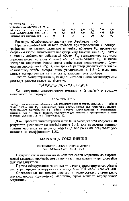 Предел обнаружения марганца — 1 мкг в анализируемом объеме раствора, предел обнаружения в воздухе.— 0,08 мг/м3 (расчетная).