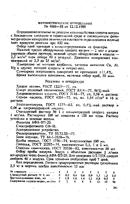 Определение основано на реакции взаимодействия хлората натрия с бензидином хлоридом в сернокислой среде и последующем фотометрическом измерении оптической плотности окрашенного в желтый цвет продукта реакции при 430 нм.