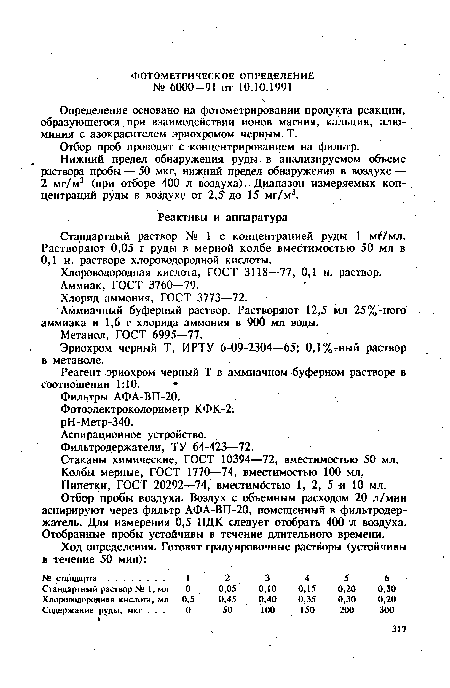 Стандартный раствор № 1 с концентрацией руды 1 м1 /мл. Растворяют 0,05 г руды в мерной колбе вместимостью 50 мл в 0,1 н. растворе хлороводородной кислоты.