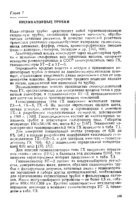 Промышленностью освоено производство газоопределителей типа ГХ, предназначенных для определения вредных газов в рудничной атмосфере, и газоанализатора УГ—2, предназначенного для контроля воздуха производственных помещений.