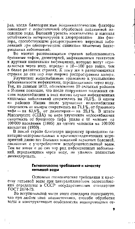 Основные гигиенические требования к качеству питьевой воды при централизованном водоснабжении определены в СССР государственным стандартом ГОСТ 2874-73.