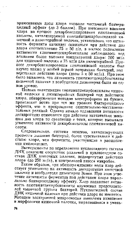 Эксперименты по определению нуклеотидного состава ДНК показали отсутствие различий в нуклеотидном составе ДНК кишечных палочек, подвергнутых действию хлора (До 250 мг/л), и контрольной взвеси микробов.