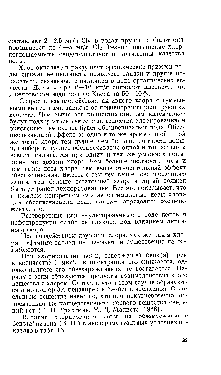 Влияние хлорирования воды на обезвреживание бенз(а)пирена (Б. П.) в экспериментальных условиях показано в табл. 13.