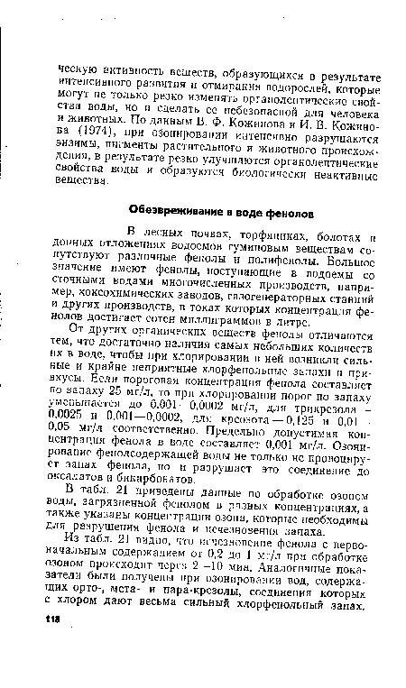 От других органических веществ фенолы отличаются тем, что достаточно наличия самых небольших количеств их в воде, чтобы при хлорировании в ней возникли сильные и крайне неприятные хлорфенольные запахи и привкусы. Если пороговая концентрация фенола составляет по запаху 25 мг/л, то при хлорировании порог по запаху уменьшается до 0,001—0,0002 мг/л, для трикрезола — 0,0025 и 0,001—0,0002, для креозота — 0,125 и 0,01 — 0,05 мг/л соответственно. Предельно допустимая концентрация фенола в воде составляет 0,001 мг/л. Озонирование фенолсодержащей воды не только не провоцирует запах фенола, но и разрушает это соединение до оксалатов и бикарбонатов.