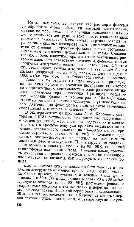 В экспериментах на кроликах А. А. Королев с соавторами (1973) установили, что растворы гидрохинона в концентрациях 50—100 мг/л при введении их в количестве 3 мл в краевую вену уха кролика вызывают повышение артериального давления на 40—60 мм рт. ст., уре-жение сердечного ритма на 15—28% и появление одиночных экстрасистол, но не влияют на сократимость миокарда левого желудочка. При разрушении гидрохинона озоном в таких растворах на 83—90% описанный выше эффект полностью исчезал. Следовательно, продукты окисления гидрохинона озоном так же не токсичны и биологически не активны, как и продукты окисления фенола.