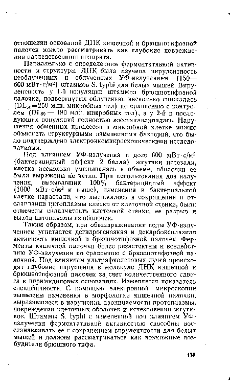 Под влиянием УФ-излучения в дозе 600 мВт -с/м2 (бактерицидный эффект 2 балла) жгутики исчезали, клетка несколько уменьшалась в объеме, оболочки ее были выражены не четко. При использовании доз излучения, вызывавших 100% бактерицидный эффект (1000 мВт-с/м2 и выше), изменения в бактериальной клетке нарастали, что выражалось в сокращении и отслаивании цитоплазмы клетки от клеточной стенки, были отмечены складчатость клеточной стенки, ее разрыв и выход цитоплазмы из оболочек.