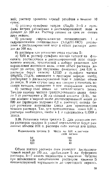 Объем взятого раствора соли разводят дистиллированной водой до 100 мл, прибавляют 5 мл буферного раствора, 5—7 капель индикатора и медленно титруют при интенсивном взбалтывании раствором трилона Б соответствующей нормальности до переходной окраски.