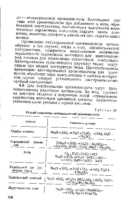 Применение активированной кремнекислоты целесообразно в тех случаях, когда в воде, обрабатываемой коагулянтами, содержится недостаточное количество отрицательно заряженных коллоидов или многовалентных анионов для обеспечения интенсивной коагуляции. Активированная кремнекислота улучшает также коагуляцию при низкой температуре воды. Целесообразность применения активированной кремнекислоты для улучшения обработки воды коагулянтами в каждом конкретном случае следует устанавливать экспериментально пробной коагуляцией.