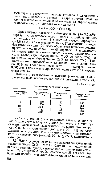 Данные о растворимости извести (считая на СаО) при различных температурах воды приведены в табл. 29.