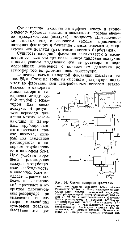 Типичная схема напорной флотации показана на рис. 20, а. Сточные воды из сборного резервуара подаются во флотационный центробежным насосом, всасывающая и напорная линия которого соединены между собой трубой с эжектором для ввода воздуха. В результате перепада давления между всасывающим и напорным трубопроводами происходит подсос воздуха, который под давлением растворяется в напорном трубопроводе и напорном баке.