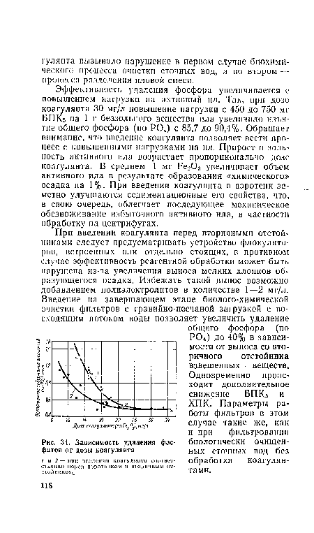 Зависимость удаления фосфатов от дозы коагулянта