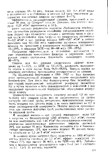 Эффективность предварительной аэрации, проводимой в течение 20 мин. на Северной станции Лондона, при расходе воздуха—0,23 м3/м3 оценивается в 10%.