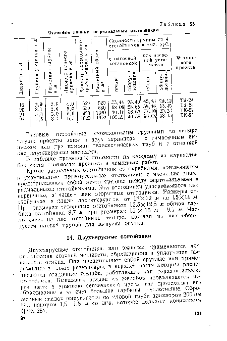 Двухъярусные отстойники, или эмшеры, применяются для отстаивания сточной жидкости, сбраживания и уплотнения выпавшего осадка. Они представляют собой круглые или прямоугольные в плане резервуары, в верхней части которых располагаются осадочные желоба, работающие как горизонтальные отстойники. Выпазший осадок из желобов проваливается через щели в нижнюю септическую часть, где происходит его сбраживание и за счет большой глубины — уплотнение. Сброженный осадок выпускается по иловой трубе диаметром 200мм под напором 1,5—1,8 м со дна, которое делаемся коническим (рис. 26).