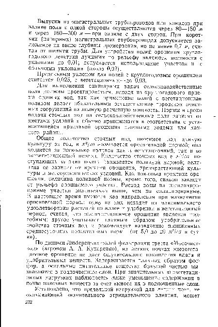 Предельным уклоном для полей с круглогодовым орошением считается 0,025, с вегетационным—до 0,03.