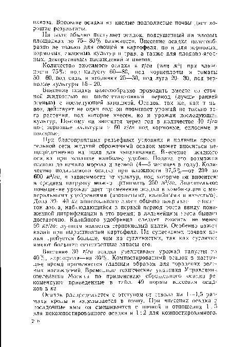 Внесение осадка целесообразно проводить вместе со сточной жидкостью во вневегетационный период (лучше ранней осенью) с последующей запашкой. Осадок, так же, как и навоз, действует не один год; он повышает урожай не только того растения, под которое внесен, но и урожаи последующих культур. Поэтому он вносится через год в количестве 40 т/га под зерновые культуры и 60 т/га под кормовые, силосные и овощные.