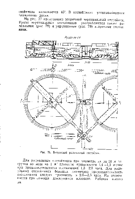 На рис. 77 представлен вторичный вертикальный отстойник. Кроме вертикальных отстойников употребляются также радиальные (рис. 78) и укрупненные (рис. 79) вторичные отстойники.