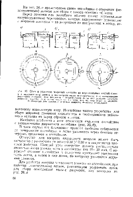 Наиболее удобными в этом отношении являются отстойники с затопленными дырчатыми желобами (рис. 20,6).