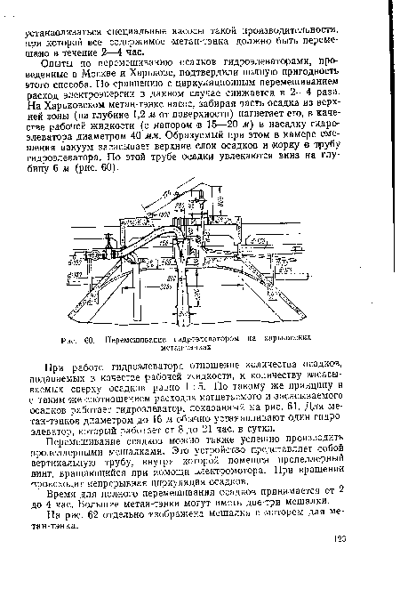 При работе гидроэлеватора отношение количества осадков, подаваемых в качестве рабочей жидкости, к количеству засасываемых сверху осадков равно 1 : 5. По такому же принципу и с таким же соотношением расходов нагнетаемого и ‘засасываемого осадков работает гидроэлеватор, показанный на рис. 61. Для ме-тан-тэнков диаметром до .16 м обычно устанавливают один гидро- элеватор, который работает от 8 до 21 час. в сутки.