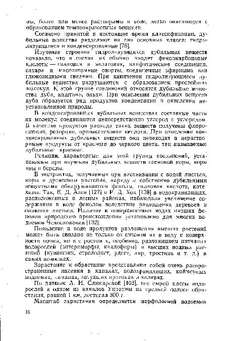 В экстрактах, получаемых при настаивании с водой листьев, коры и древесины растений, наряду ,с собственно дубильными веществами обнаруживаются фенолы, галловая кислота, кате-хины. Так, Е. Д. Ален [127] и Р. Д. Хок [138] в водохранилищах, расположенных в лесных районах, наблюдали увеличение содержания в воде фенолов вследствие разложения деревьев и •опавших листьев. Наличие в поверхностных водах низших фенолов природного происхождения установлено для многих водоемов Чехословакии [132].