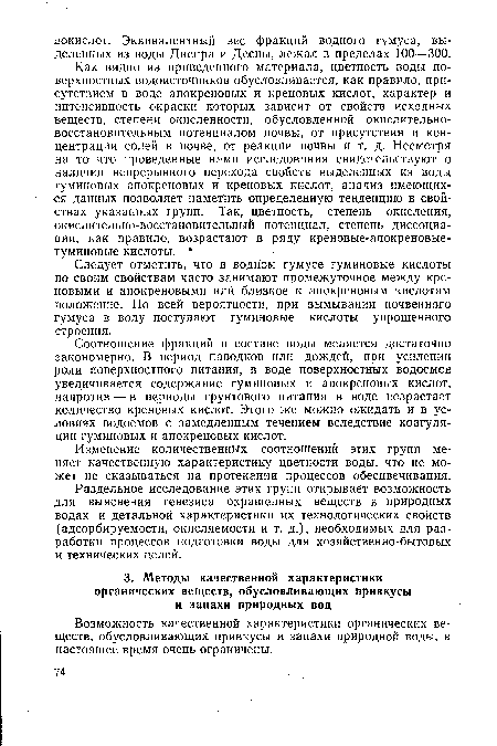 Возможность качественной характеристики органических веществ, обусловливающих привкусы и запахи природной воды, в настоящее время очень ограничены.