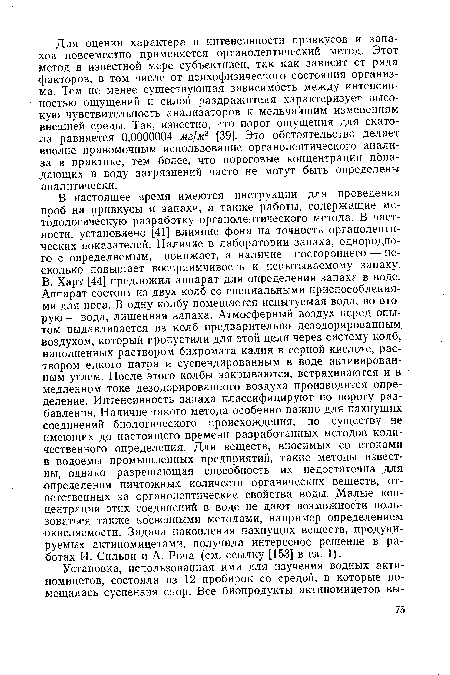 В настоящее время имеются инструкции для проведения проб на привкусы и запахи, а также работы, содержащие методологическую разработку органолептического метода. В частности, установлено [41] влияние фона на точность органолептических показателей. Наличие в лаборатории запаха, однородного с определяемым, понижает, а наличие постороннего — несколько повышает восприимчивость к испытываемому запаху.