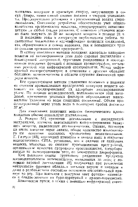 Как показали опыты группового разделения продуктов жизнедеятельности актиномицетов, выделенных из воды е помощью паровой дистилляции [49], полученная при разделении нейтральная фракция обладала затхлым вкусом и запахом и даже в разбавленном состоянии оставляла отвратительный привкус во рту. При контакте с воздухом цвет фракции изменялся с бледно-желтого на буро-пурпурный и красно-коричневый.