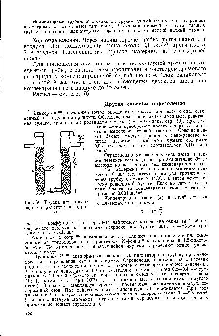 Аллисоном с сотр.107 предложен метод количественного определения, основанный на поглощении озона раствором М-феннл-2-нафтиламина в 1,2-дихлорбензоле. По интенсивности образующейся окраски определяют концентрацию озона в воздухе.