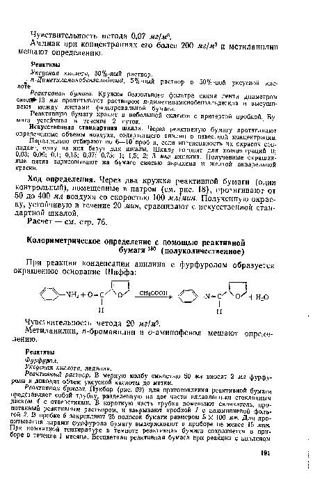 Параллельно отбирают по 6—10 проб и, если интенсивность их окрасок совпадает, одну из них берут для шкалы. Шкалу готовят для концентраций 0; 0,03; 0,06; 0,1; 0,15; 0,37; 0,75; 1; 1,5; 2; 3 мкг анилина. Полученные окрашенные пятна зарисовывают на бумаге смесью акрихина и желтой акварельной краски.