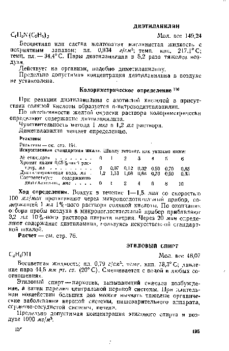 Бесцветная или слегка желтоватая маслянистая жидкость с неприятным запахом; пл. 0,934 г/см3; темп. кип. 217,1° С; темп. пл. — 34,4° С. Пары диэтиланилина в 5,2 раза тяжелее воздуха.