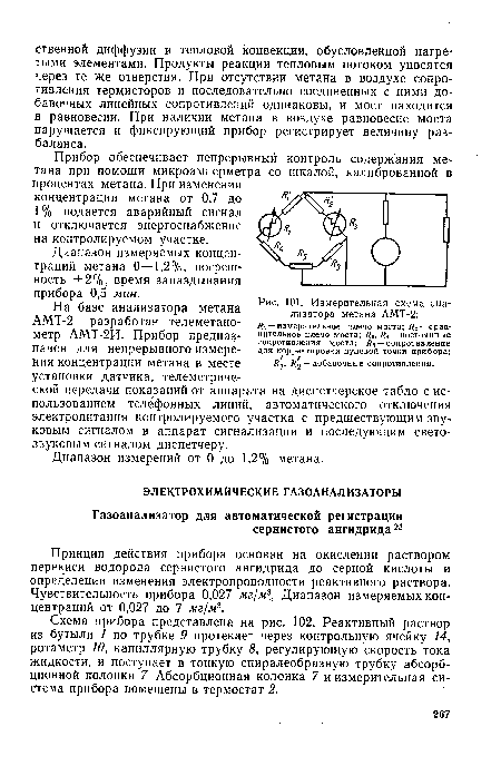 На базе анализатора метана АМТ-2 разработан телеметано-метр АМТ-2И. Прибор предназначен для непрерывного измерения концентрации метана в месте установки датчика, телеметрической передачи показаний от аппарата на диспетчерское табло с использованием телефонных линий, автоматического отключения электропитания контролируемого участка с предшествующим звуковым сигналом в аппарат сигнализации и последующим светозвуковым сигналом диспетчеру.